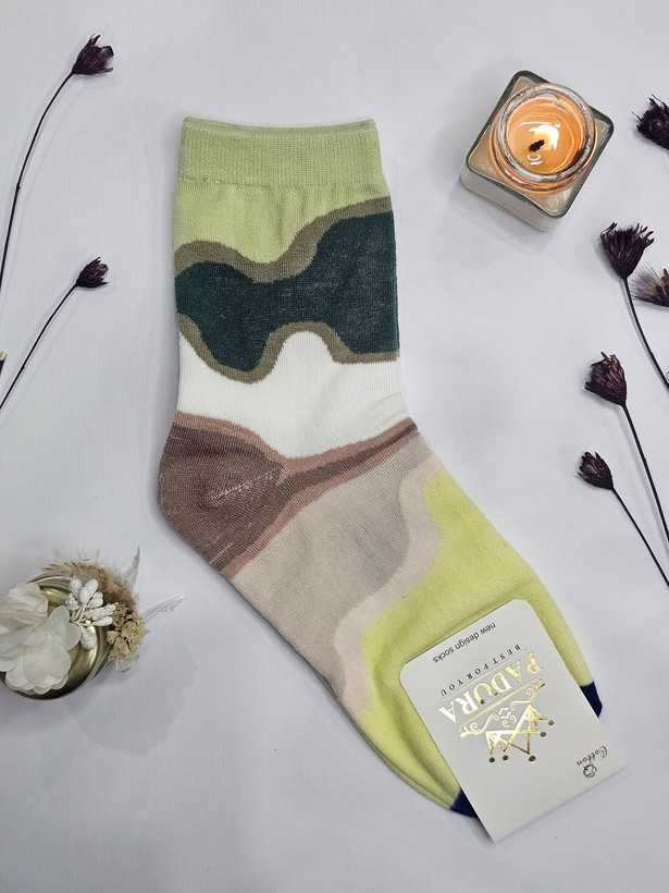 جوراب نخی طرح موجی آبستره رنگ سبز–لایم