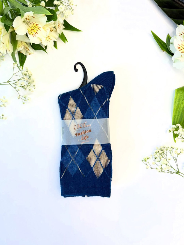 جوراب طرح لوزی کلاسیک رنگ آبی کاربنی