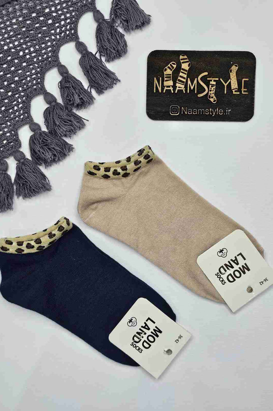 وراب مچی زنانه طرح پلنگی سرمهای و کرم - لبه طرح دار شیک