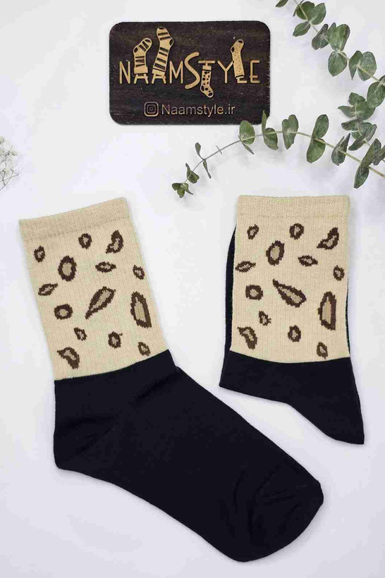جوراب نیمساق طرح پلنگی کرم قهوهای - فانتزی شیک