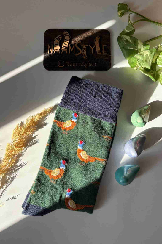 جوراب ساقدار طرح طاووس سبز با ساق سرمهای